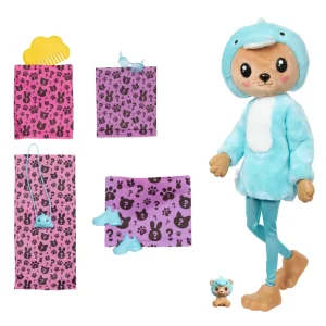 New Cutie Reveal Bambola Con Costume Di Peluche Da Orsacchiotto-Delfino E 10 Accessori A Sorpresa Cambia Colore, Serie Amici Cuccioli Fashion Dolls