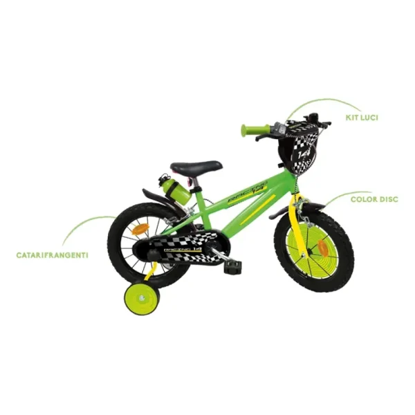 Discount Bicicletta 14 Verde Bauletto, Cestello E Disco Colorato Nella Ruota Anteriore Inclusi Adatta Per Bambini Dai 5-7 Anni Biciclette Per Bambini