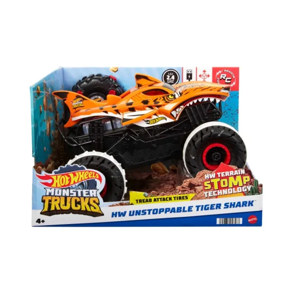 Hot Monster Trucks Tiger Shark L'Inarrestabile Veicolo Radiocomandato, Fuoristrada 4 4 Radiocomandato, Giocattolo Per Bambini Dai 4 Anni In Su Garage E Circuiti