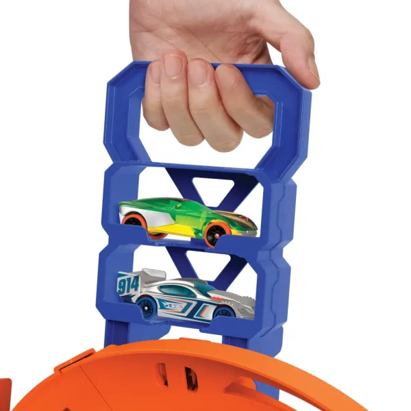 Sale Pista A Spirale, Playset Con Lanciatori, Salto Nel Vuoto E Zona Di Collisione, Include 2 Macchinine Garage E Circuiti