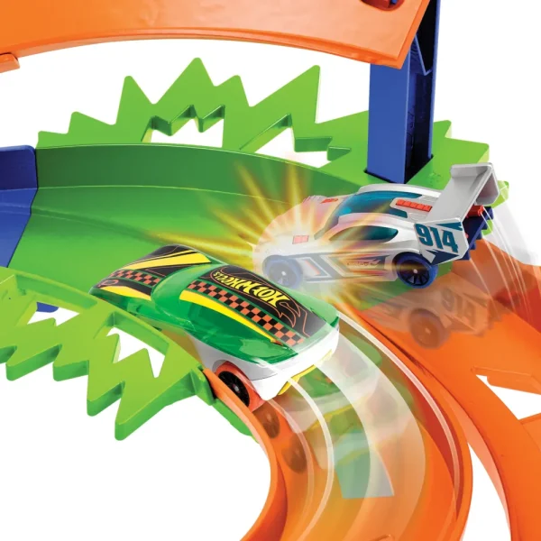 Sale Pista A Spirale, Playset Con Lanciatori, Salto Nel Vuoto E Zona Di Collisione, Include 2 Macchinine Garage E Circuiti