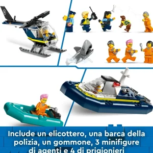 Sale 60419 Prigione Sull'Isola Della Polizia, Giocattolo Ricco Di Funzioni Con Elicottero, Barca, Gommone E 7 Minifigure Mattoncini