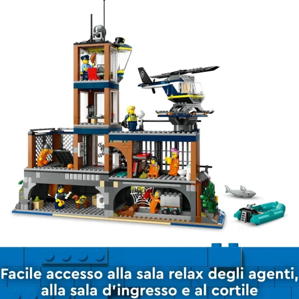 Sale 60419 Prigione Sull'Isola Della Polizia, Giocattolo Ricco Di Funzioni Con Elicottero, Barca, Gommone E 7 Minifigure Mattoncini