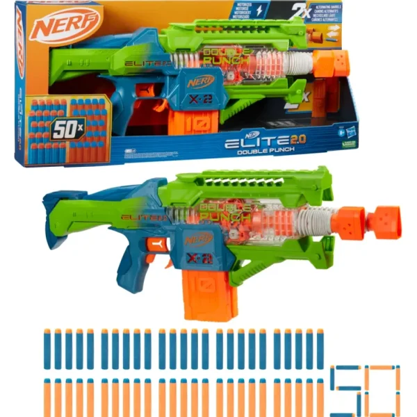 Outlet Elite 2.0, Blaster Lancia-Dardi Double Punch, 50 Dardi Elite, 2 Caricatori Da 10 Dardi, Blaster Motorizzato, Dagli 8 Anni In Su Giochi Di Abilita E Sport